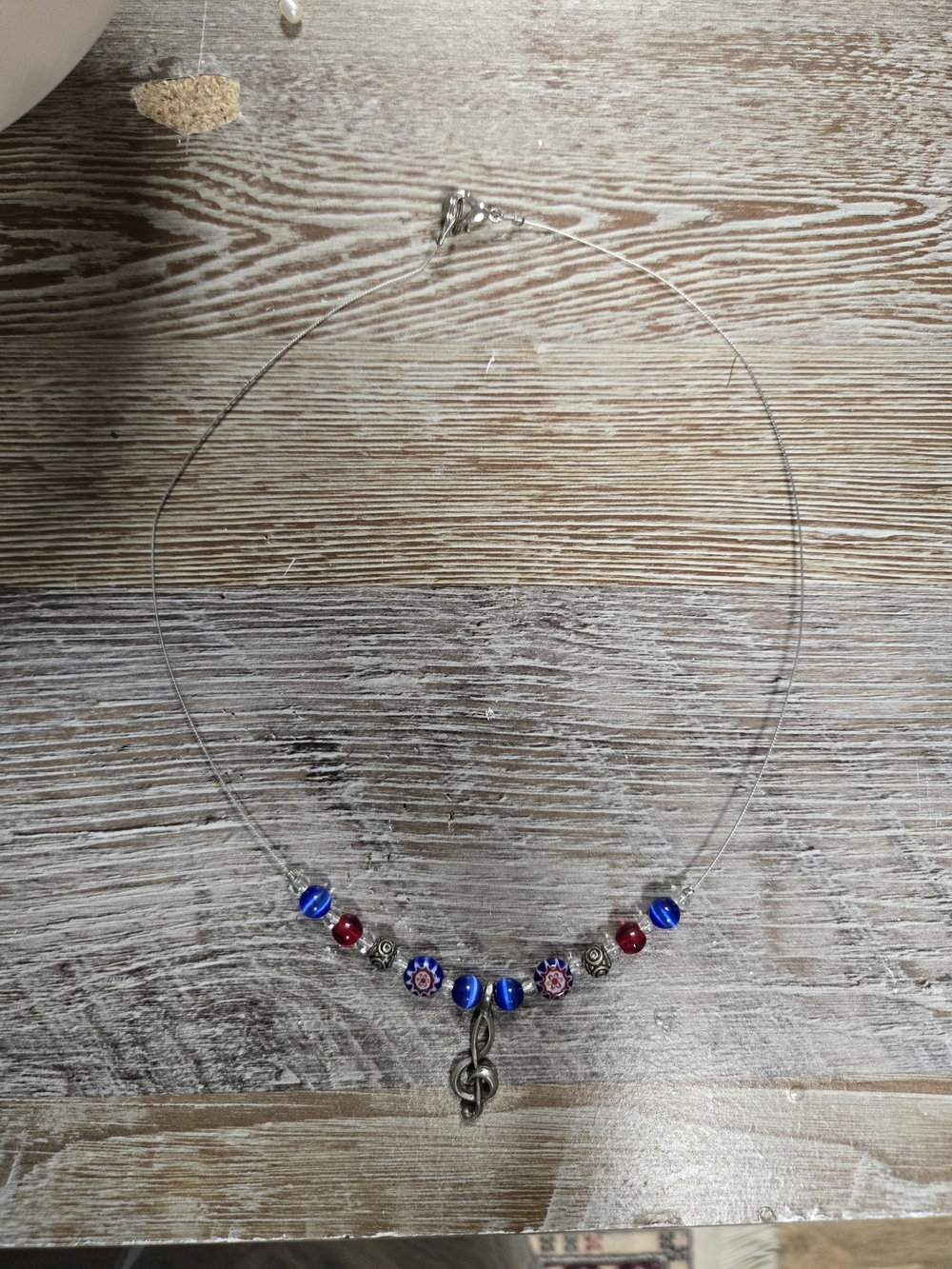 Silver-Tone Treble Clef Necklace with Red & Blue Accent Beads